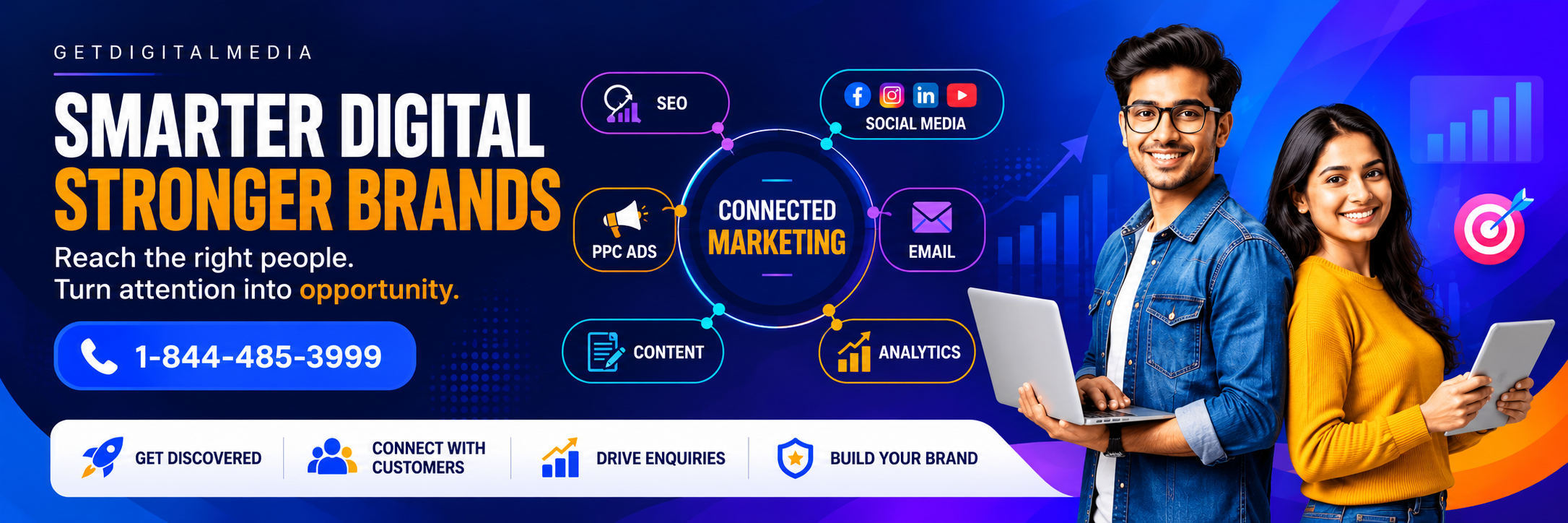 GetDigitalMedia. Smarter digital, stronger brands. Reach the right people. Turn attention into opportunity. SEO, social media, PPC ads, content, email, and analytics. Call 1-844-485-3999.